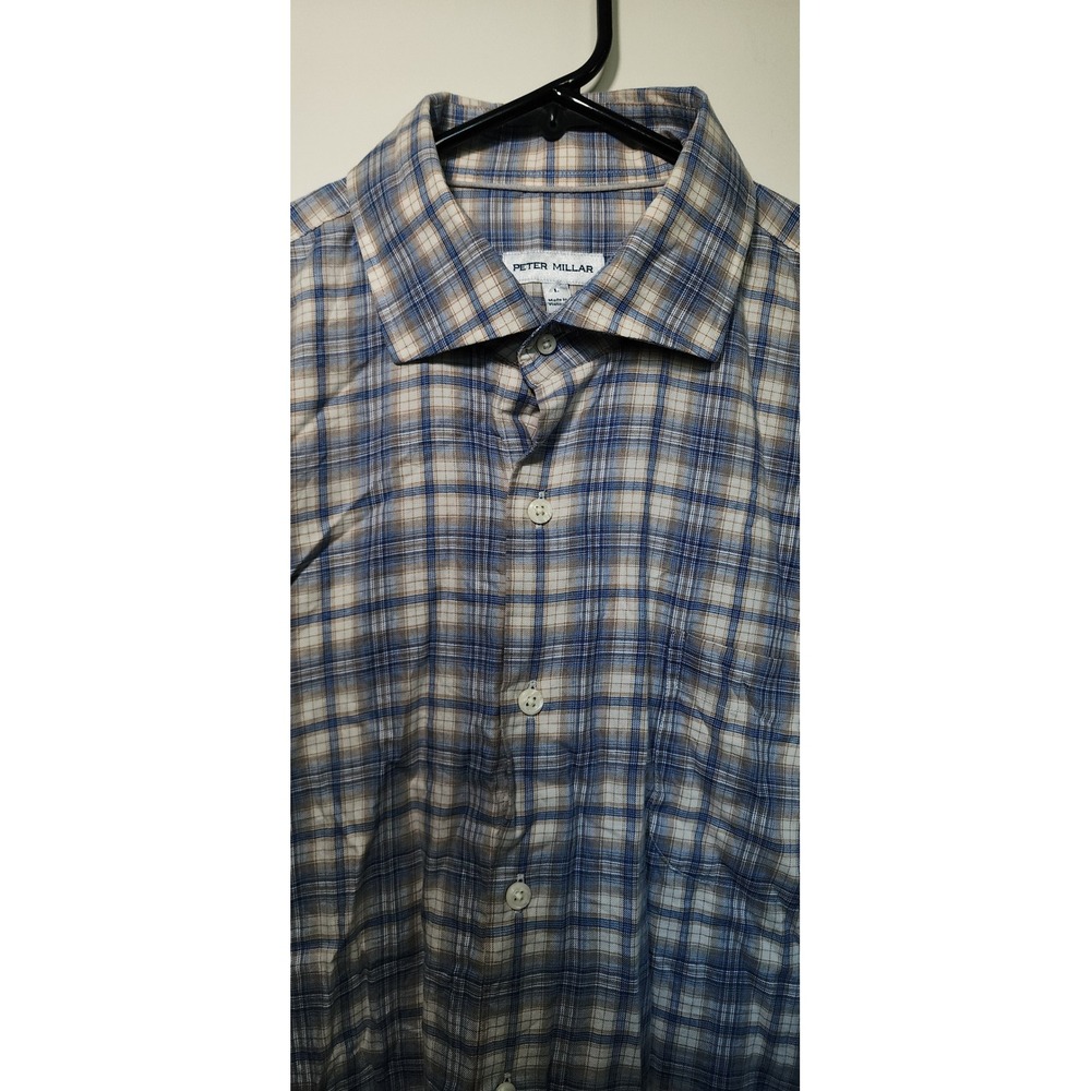 Peter Millar Mens Large Plaid Button Down Shirt Blue Tan White 100% Cotton L